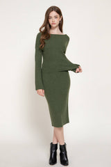 Bell Sleeve Wide Boat Neck Sweater: BRN-caramel brown / M