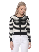 3/4 Sleeve Crewneck Striped Sweater Cardigan MK3521: RED/IVORY / L