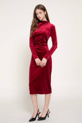 Long Sleeve High Neck Shirring Glitter Velvet Long Dress: RED-dark red / L