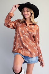 Button Down Horse Printed Blouse