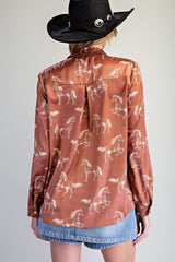 Button Down Horse Printed Blouse