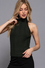 Sleeveless Turtle Neck Front Cable Sweater: BLK-black / S
