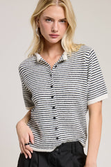 Striped Short Sleeve Button Cardigan: Black / L