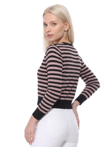 3/4 Sleeve Crewneck Striped Sweater Cardigan MK3521: RED/IVORY / S