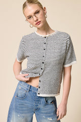 Striped Short Sleeve Button Cardigan: Black / L