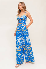 Blue Woven Crop Top and Pant Set