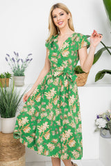 Vintage Floral Print Dress with Ruched Shoulder Detail