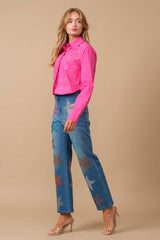 Star Rhinestone Embellishment Straight Leg Jeans