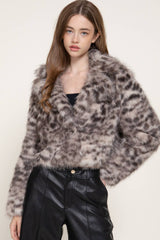 Long Sleeve Notched Collar Printed Faux Fur Jacket: IVY-cream / M