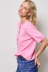 Short Sleeve Button Down Cardigan Top: Tangerine / L