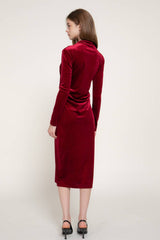 Long Sleeve High Neck Shirring Glitter Velvet Long Dress: RED-dark red / L