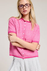 Striped Short Sleeve Button Cardigan: Black / L