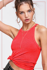 HBT7642-Mineral Washed Stretchy Ribbed Halter Neck Tank Top: Royal / M