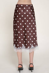 Mid Rise lace Trim Dot Print Satin Midi Skirt: BRN-brown/white / M