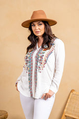 Viscose Split Collar Embroidered Pull-Over Shirt 5109-MAT : White / M