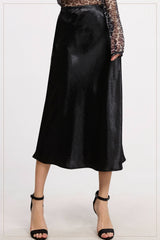 JBP4222-High-Waisted Midi Length Satin Effect Solid Skirt: Brown / S