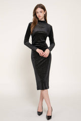 Long Sleeve High Neck Shirring Glitter Velvet Long Dress: RED-dark red / S