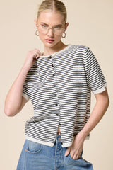 Striped Short Sleeve Button Cardigan: Black / L