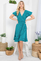 Flurries of dots Print Faux  Wrap Dress in Teal Blue