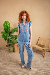 Tencel Embroidered Flutter Sleeve Top