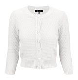 3/4 Sleeve Crewneck Knit Cropped Cardigan Sweater MK3514: WHITE / L