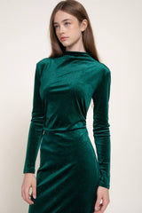 Long Sleeve High Neck Shirring Glitter Velvet Long Dress: RED-dark red / S