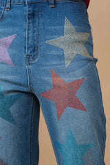 Star Rhinestone Embellishment Straight Leg Jeans