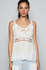 V-neck sleeveless floral embroidery crochet woven top