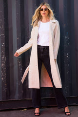 Cream Long Overcoat With Tie Belt