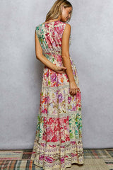Feminine V-neck Smocked Waist Ruffle Floral Maxi Dress: CREAM MULTI / L