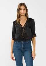 V-Neck Button Front Blouse with Lace Trim: CHAMPAGNE/BLACK / L