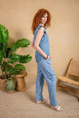 Tencel Embroidered Flutter Sleeve Top