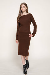 Pencil Midi Sweater Skirt with Back Slit: BLK-black / M