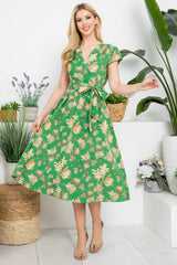 Vintage Floral Print Dress with Ruched Shoulder Detail
