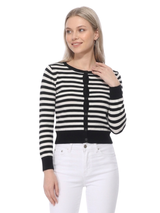 3/4 Sleeve Crewneck Striped Sweater Cardigan MK3521: RED/IVORY / S