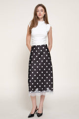 Mid Rise lace Trim Dot Print Satin Midi Skirt: IVY-cream/black / L