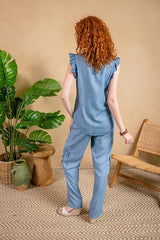 Tencel Embroidered Flutter Sleeve Top