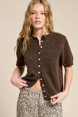 Short Sleeve Button Down Cardigan Top: Tangerine / L