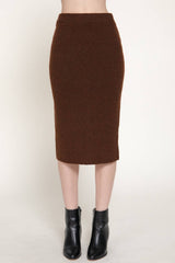 Pencil Midi Sweater Skirt with Back Slit: BRN-caramel brown / L