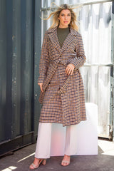 Long Plaid Overcoat With Tie Belt