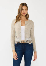 Lace Trim Button Front Cardigan: BLACK / S