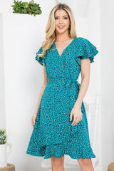 Flurries of dots Print Faux  Wrap Dress in Teal Blue