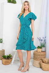 Flurries of dots Print Faux  Wrap Dress in Teal Blue