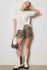 Short Sleeve Button Down Cardigan Top: Green Tea / S