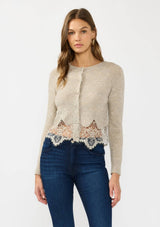 Lace Trim Button Front Cardigan: BLACK / S