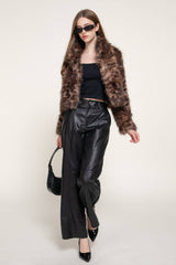 Long Sleeve Notched Collar Printed Faux Fur Jacket: IVY-cream / M