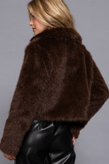Long Sleeve Notched Collar Faux Fur Cropped Jacket: PNK-mauve / M