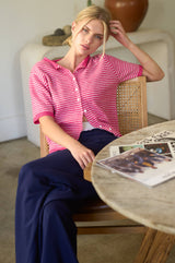 Striped Short Sleeve Button Cardigan: Black / S