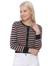 3/4 Sleeve Crewneck Striped Sweater Cardigan MK3521: RED/IVORY / S