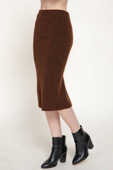 Pencil Midi Sweater Skirt with Back Slit: BRN-caramel brown / L